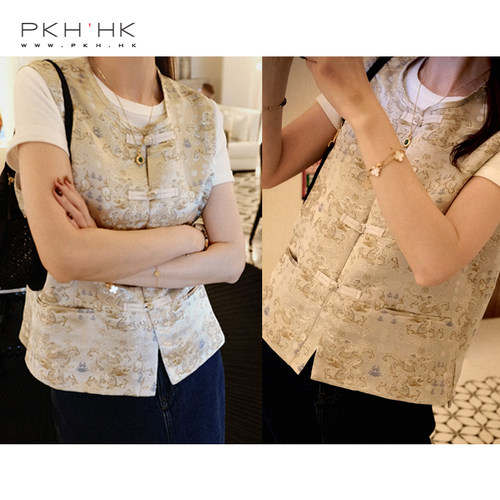 PKH.HK 特 时髦文艺国风新中式仿宋锦缎盘扣对襟马夹