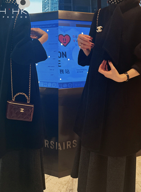 PKH.HK特 私服贵牌日杂精致气质经典黑柔暖牦牛绒中长A摆大衣外套