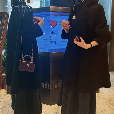 黑柔暖牦牛绒中长A摆大衣外套