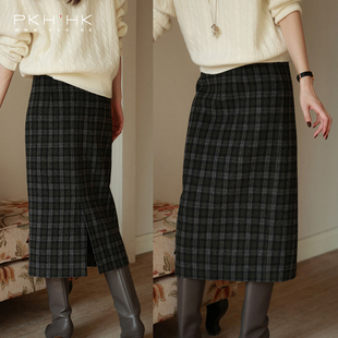 PKH.HK特冬季收官！时髦也温暖羊毛混纺经典格纹修身气质厚呢半裙