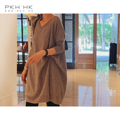 PKH.HK特 秋冬季 喜欢简约时髦风显瘦V领羊绒羊毛中长横针宽松针织