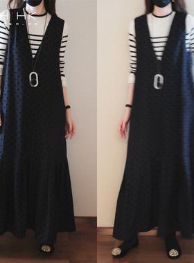 PKH.HK特 秋冬 层次叠搭 深V领羊毛混纺植绒波点连衣裙长短版