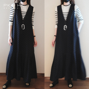 深V领羊毛混纺植绒波点连衣裙长短版 层次叠搭 秋冬 PKH.HK特