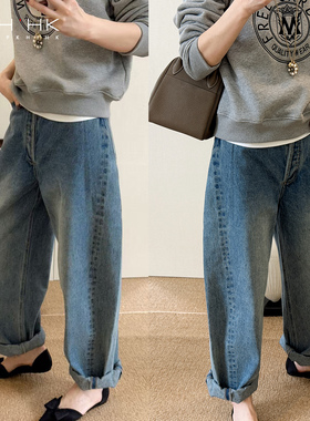 PKH.HK特大爱私服返场时髦四季可穿自由调节翻边锥形镰刀裤牛仔裤