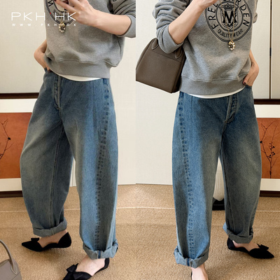 可自由调节翻边锥形镰刀裤牛仔裤