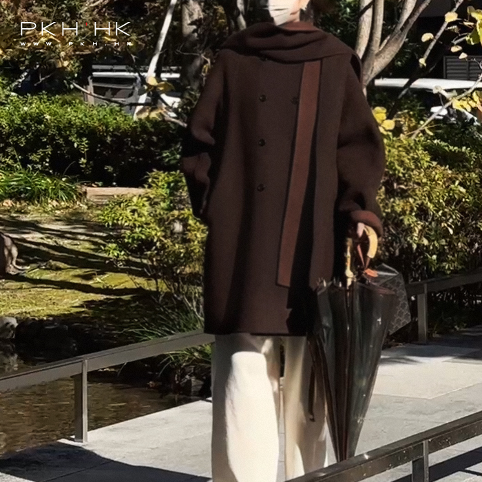 背帽双面撞色羊毛中长大衣