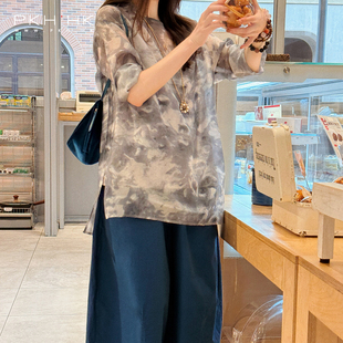 PKH.HK特 时髦文艺 抽象水墨柔美亮泽丝感宽松直筒中长上衣配吊带