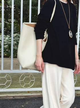 PKH.HK特 冬新品 时髦口袋经典黑白灰羊绒羊毛温暖慵懒感宽松毛衣