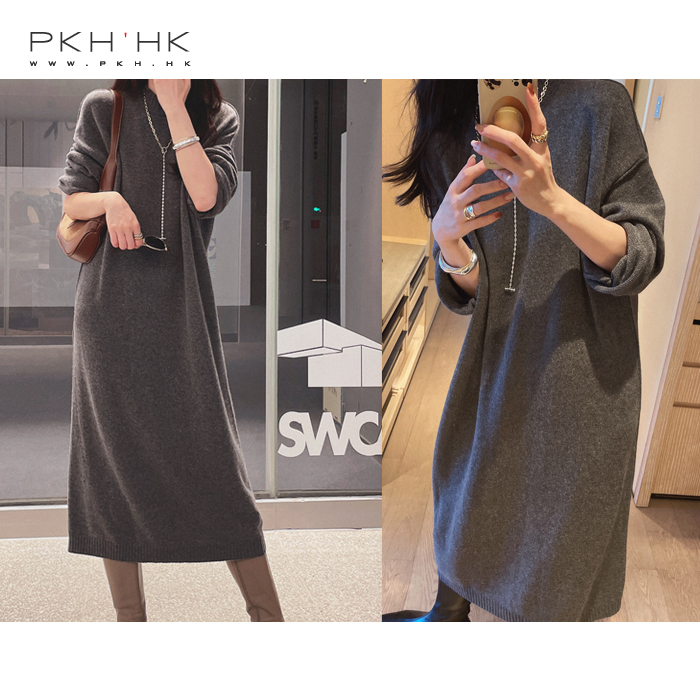 PKH.HK特 冬季 推荐羊绒羊毛时髦半高领设计感宽松直筒连衣裙
