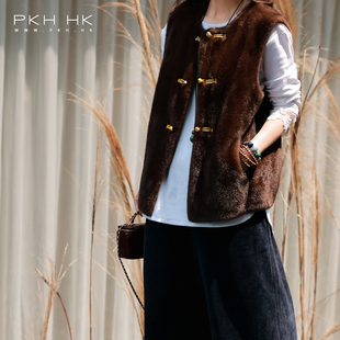 PKH.HK特冬季新品日常文艺时髦叠穿温暖新中式仿水貂皮草马甲外套