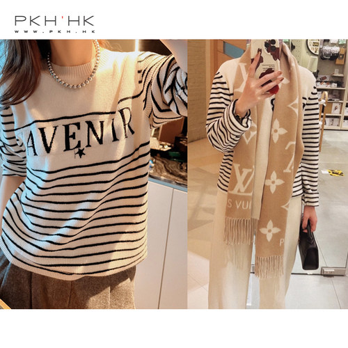 PKH.HK特新品私服种草高JI感经典字母百搭条纹羊绒羊毛圆领毛衣