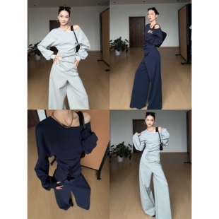 卫衣阔腿卫裤 温柔慵懒斜肩收腰褶皱长袖 两件套 素漫 CIZZLEMORE