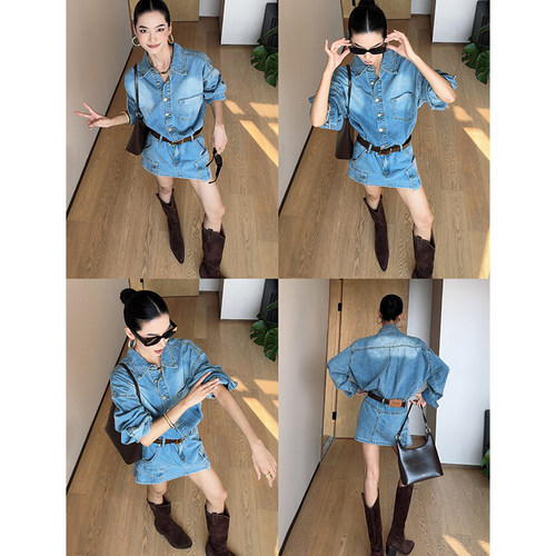 CIZZLEMORE 复古水洗宽松衬衫裙包臀设计感时尚百搭牛仔连衣裙女