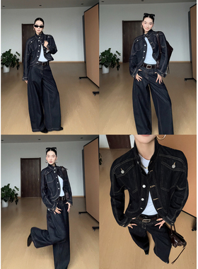 CIZZLEMORE【海夜】英伦立领收腰廓形牛仔短外套水洗蓝色牛仔裤