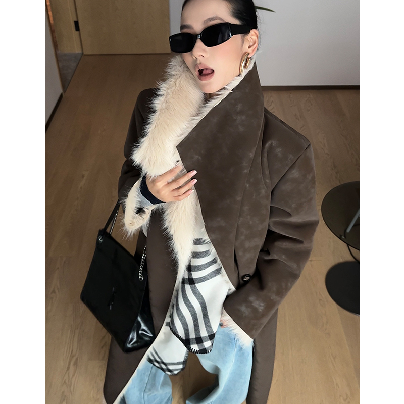 CIZZLEMORE 高级肌理感皮毛一体双面穿大翻领长款大衣外套