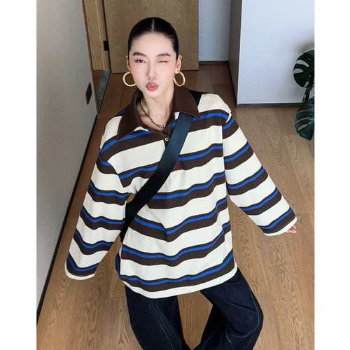 CIZZLEMORE【重塑美式】学院风减龄条纹POLO翻领宽松长袖卫衣T恤