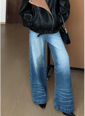 CIZZLEMORE【常穿之作】水洗立体猫须侧边褶裥宽松加绒阔腿牛仔裤