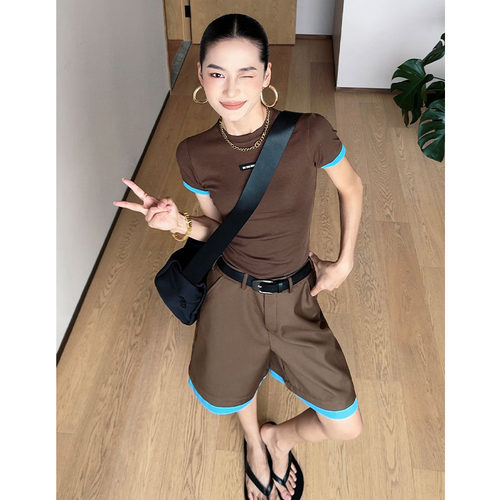 CIZZLEMORE 柏林高智撞色简约复古修身显瘦短袖+撞色高腰显瘦短裤
