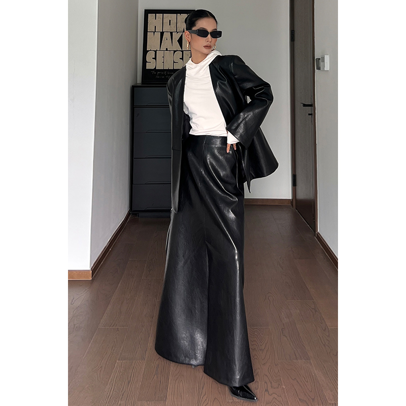 thumbnail for CIZZLEMORE MINIMALIST PREMIUM SUIT WOMEN'S LOOSE COLLARLESS HIGH TONE TEXTURED OIL WAX LEATHER SKIRT SUIT WOMEN