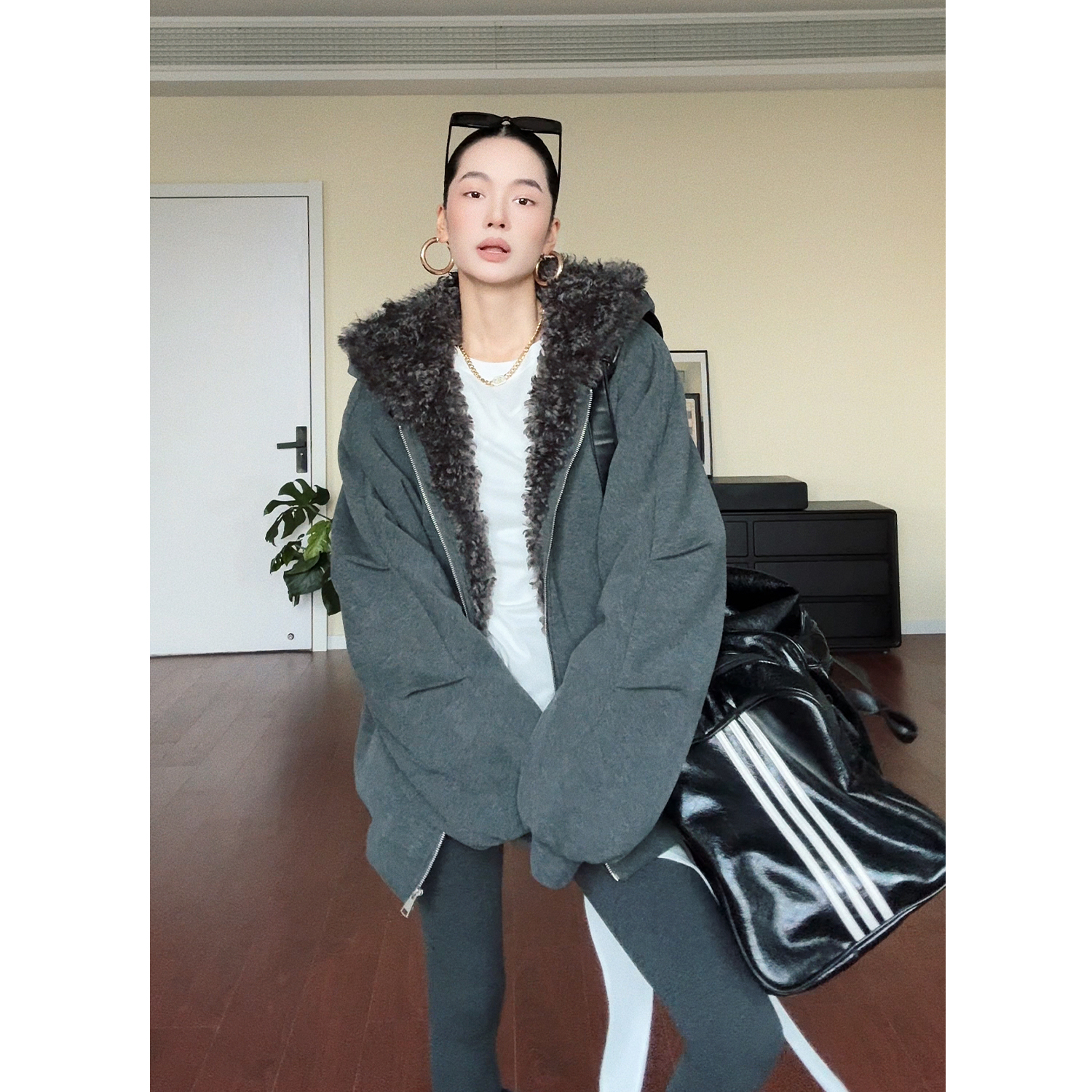 CIZZLEMORE【向野而生】 高级百搭灰色连帽卫衣拼毛加厚休闲外套