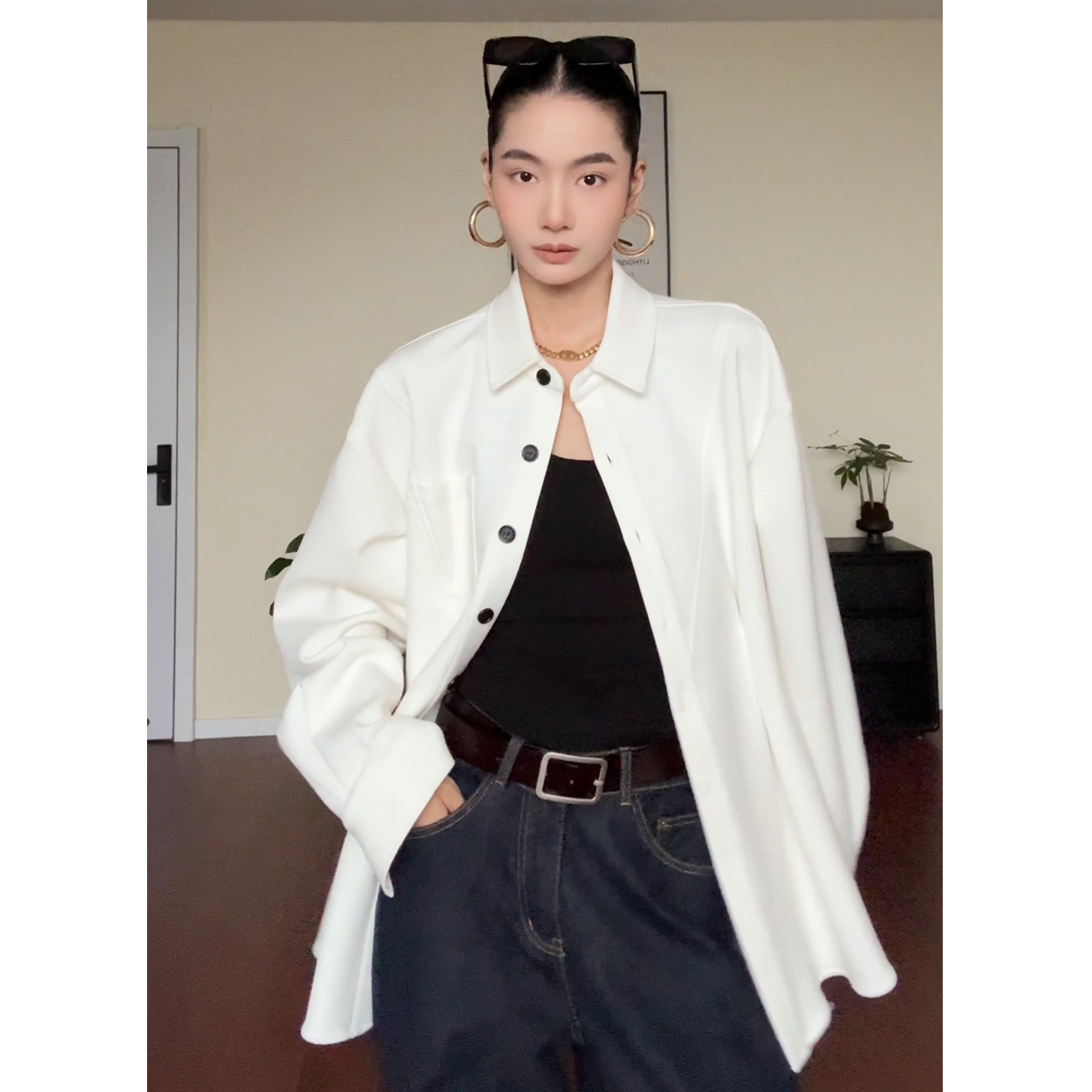 CIZZLEMORE【留白成境】早秋设计感法式白色长袖衬衫棉感卫衣衬衣