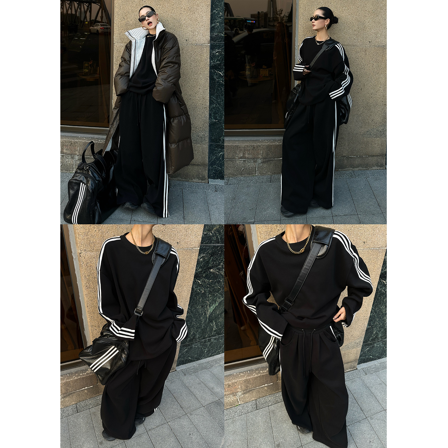 CIZZLEMORE【错位艺术】简约撞色条纹圆领宽松卫衣加绒休闲卫裤