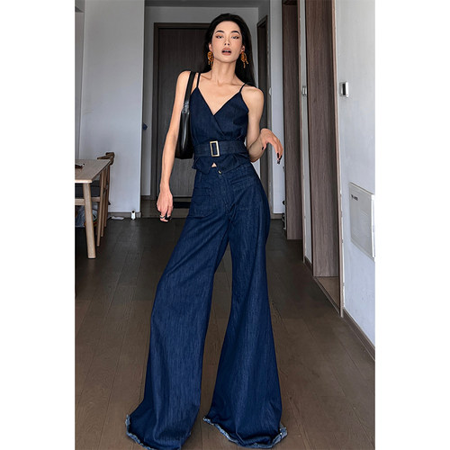CIZZLEMORE 美式高级感优雅牛仔蓝深V吊带+大喇叭裤阔腿套装