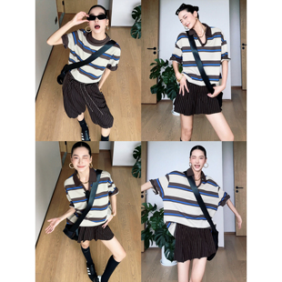 CIZZLEMORE ＋圆斜领条纹T恤女 高级感复古休闲美式 撞色条纹polo衫