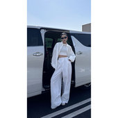 CIZZLEMORE白色透气半弹力松紧腰宽松工装 户外风褶皱阔腿休闲裤