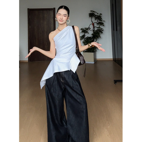 CIZZLEMORE【白昼云纹】条纹撞色斜肩T恤女夏收腰衬衫露肩上衣