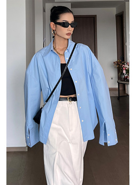 CIZZLEMORE 蓝色衬衫外套女升级版挺括拼接oversize外穿衬衫女