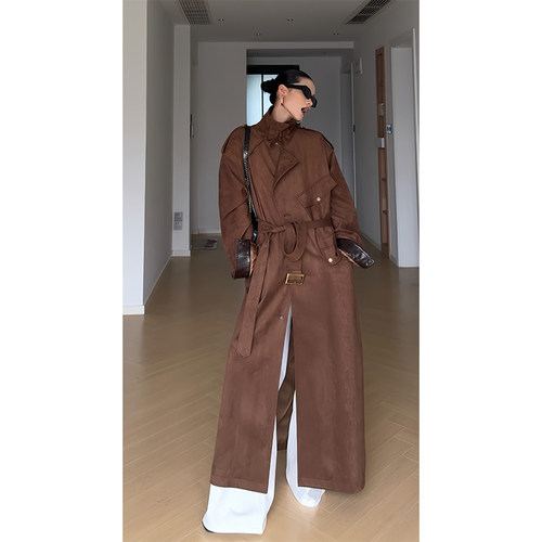 CIZZLEMORE 简约气质风衣女秋纸片人高品牛皮绒重工长款大衣外套