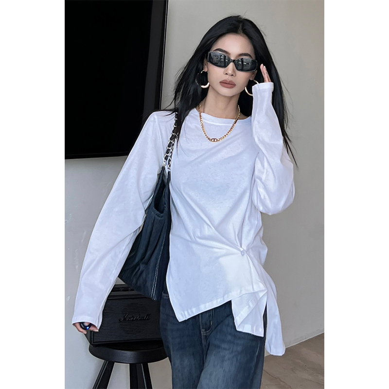 CIZZLEMORE 简约时尚开叉打底女长袖百搭秋季新款纯色棉质通勤T恤