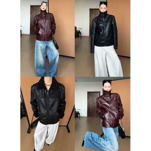 CIZZLEMORE 立领加绒羊羔毛加厚保暖PU皮机车外套 许你耀眼