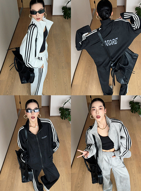 CIZZLEMORE 撞色拼接麂皮绒棒球服三道杠立领直筒宽松长裤套装女