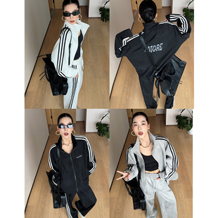 女 套装 CIZZLEMORE 撞色拼接麂皮绒棒球服三道杠立领直筒宽松长裤