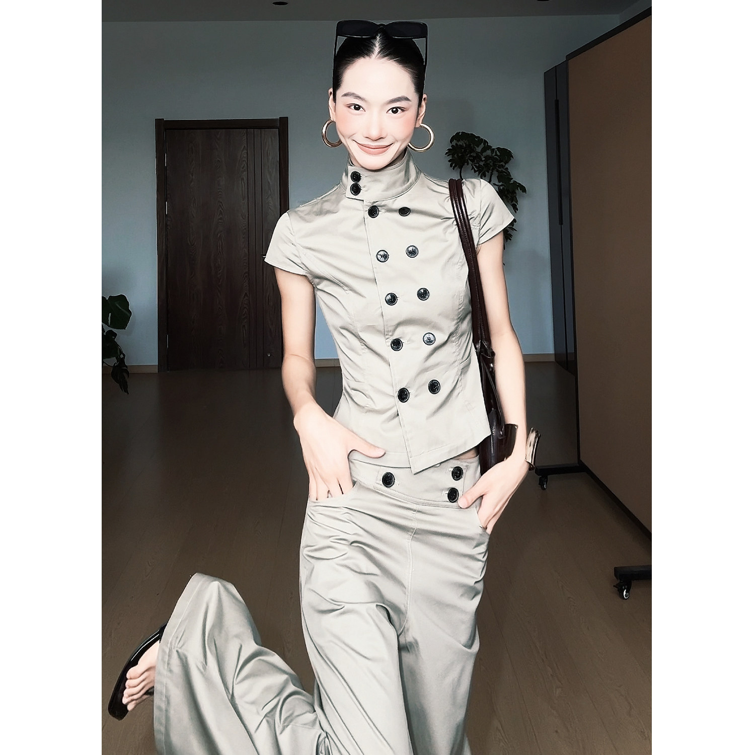 CIZZLEMORE【清水系look】娃娃领小飞袖减龄上衣时尚休闲裤套装