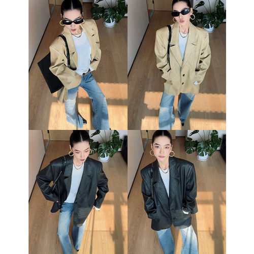 CIZZLEMORE 揉纹中长款宽松时尚百搭西服设计感皮衣西装外套女