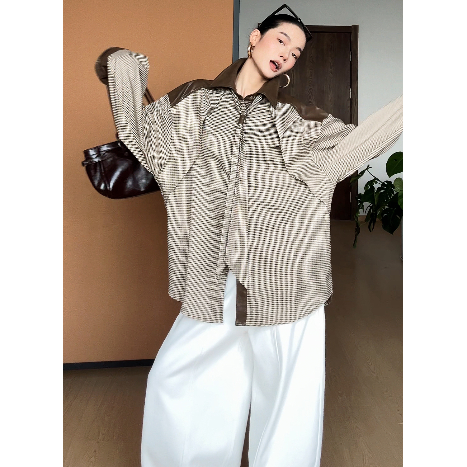 CIZZLEMORE【自由循迹】设计款美拉德撞色拼皮千鸟格领带式衬衫