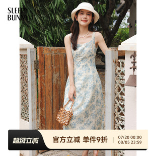 法式 长裙 方领连衣裙女夏季 小个子收腰显瘦碎花吊带裙甜美气质修身