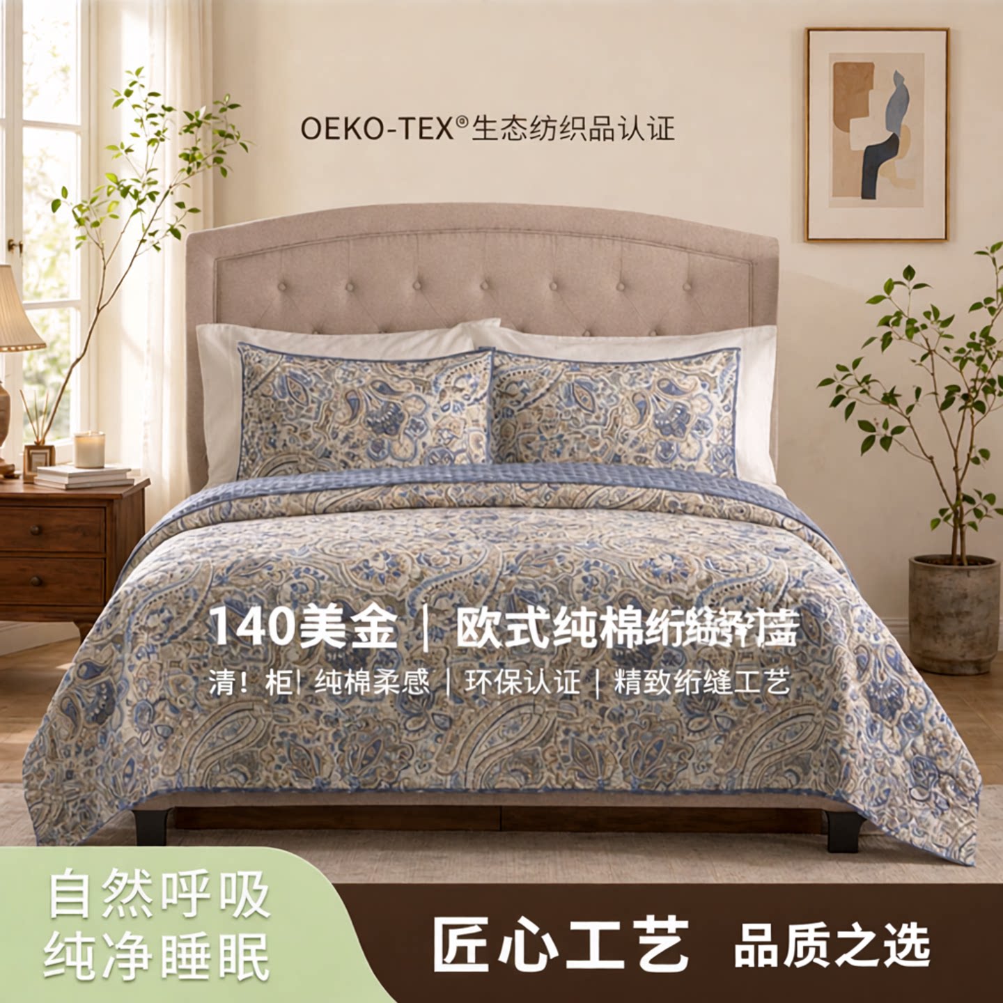 清！柜140美金！OEKO-TEX&reg;生态纺织品认证 欧式纯棉出口绗缝床盖