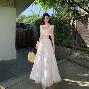 泰国三亚旅行拍照度假风套装白色超仙女泡泡袖上衣半身长裙两件套