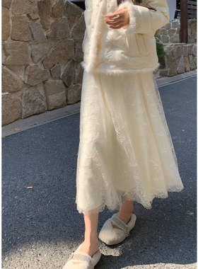 甜美温柔风白色网纱半身裙女秋冬松紧腰加绒针织A字显瘦蓬蓬半裙