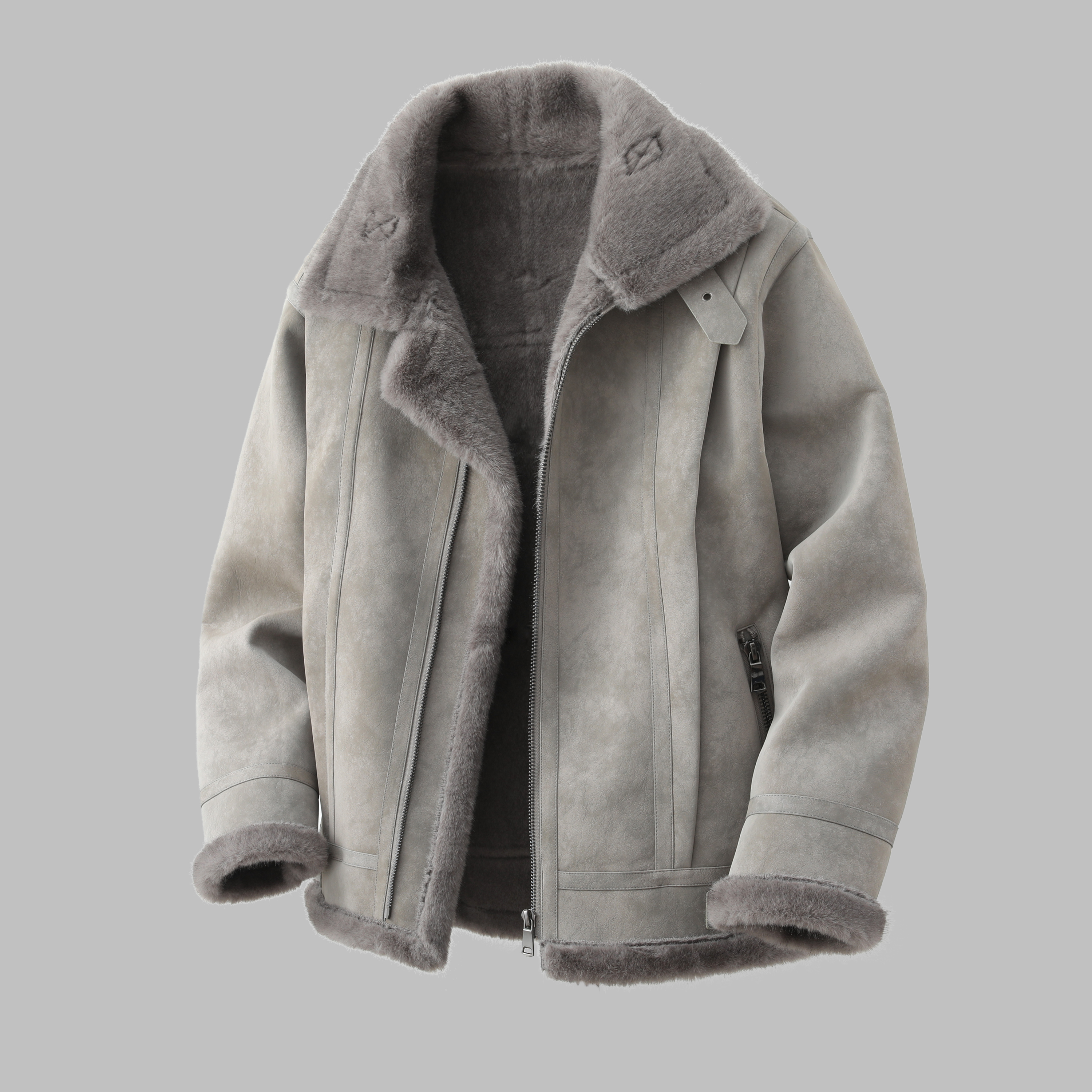 轻奢韩版皮毛一体外套男工装潮流夹克男秋冬季青年羊羔毛加厚棉服