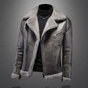 皮毛一体外套男士2025新款冬季加绒加厚短款夹克机车服羊羔毛棉服