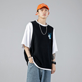 ！2024春季潮流个性印花全棉宽松假两件短袖T恤T500P35控48，男装T恤，电商A247-1