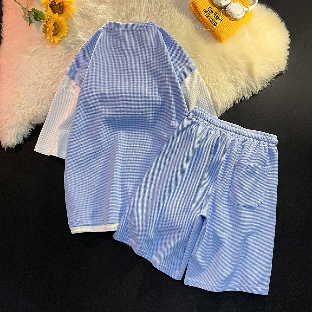 平铺夏季潮流ins印花宽松情侣运动短袖套装TZ601P75控98,男装T恤,电商A247-1