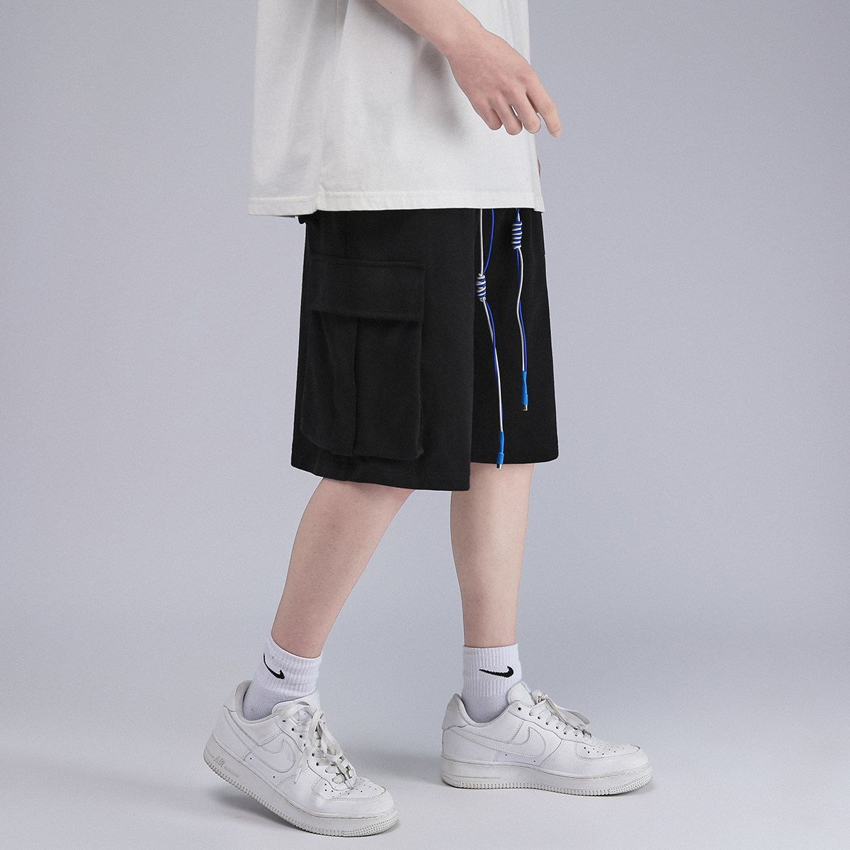 白底夏季潮流ins运动百搭多口袋抽绳五分休闲裤A90P45,男装休闲裤,电商A247-1