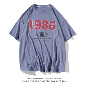 美式百搭1986夏季简约印花全棉宽松短袖T恤T94P25控38