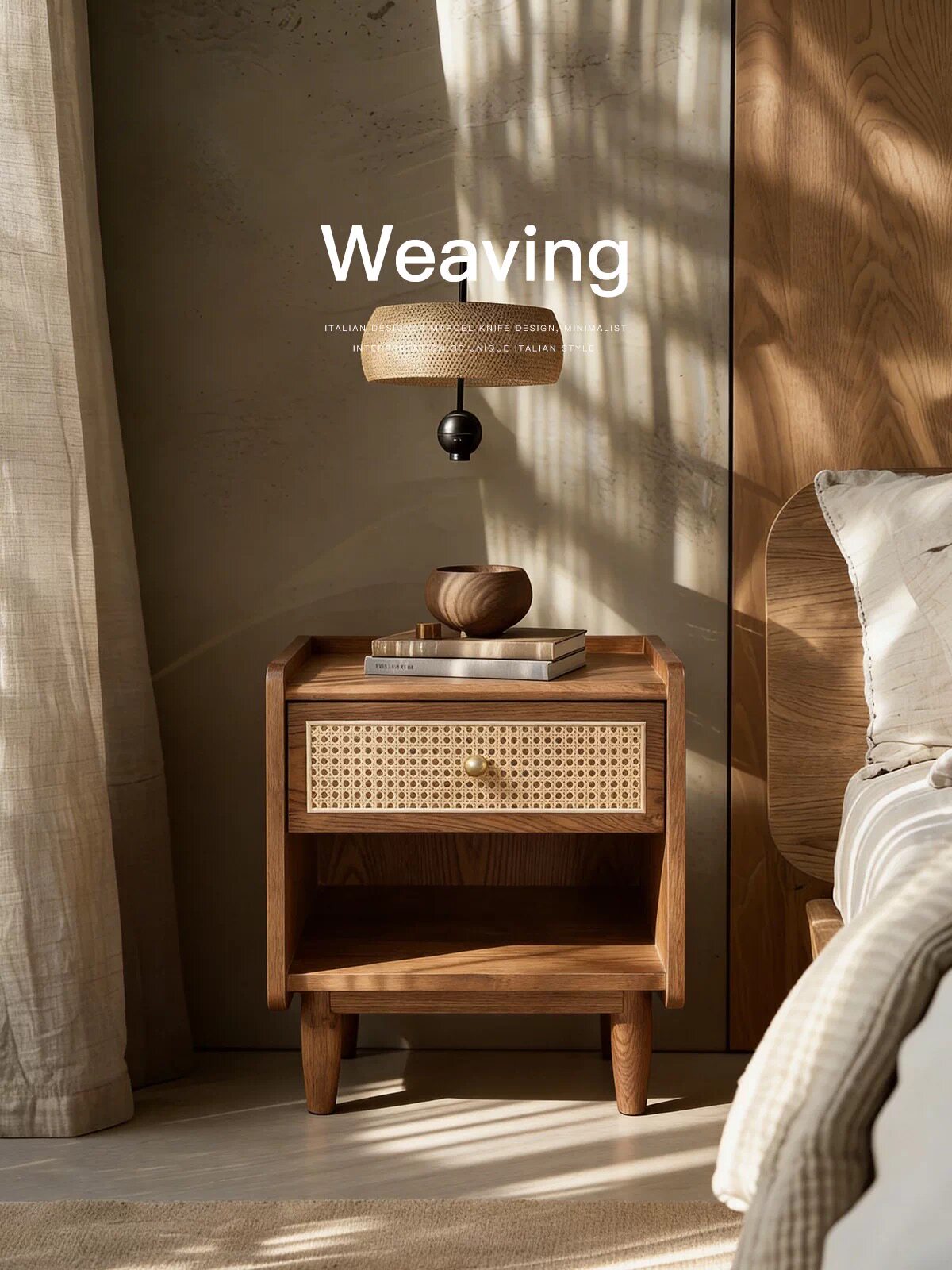 中古颜汐白蜡木床头柜胡桃色实木复古藤编抽屉卧室家用储物床边柜